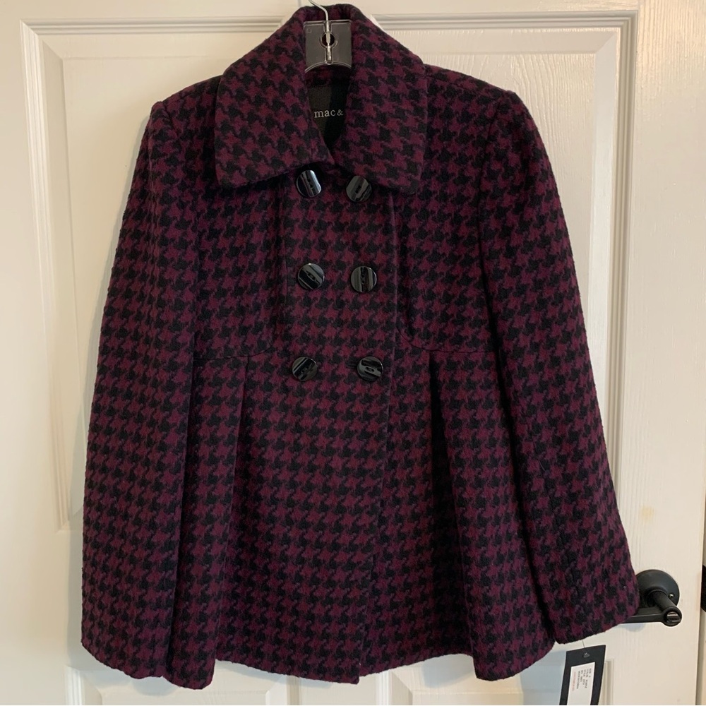 mac & jac Double-Breasted Houndstooth Plum and Black Woolblend Coat  Small NWT‎